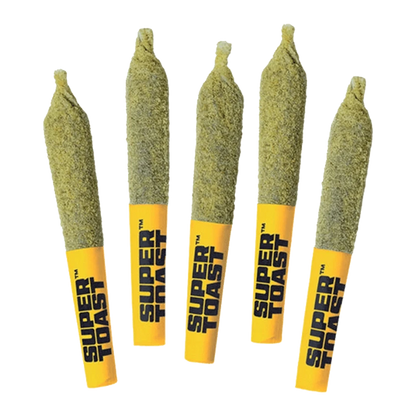 Top-down view of five green Twisted Cherry Toasters Infused PR 5 x 0.5 g pre-rolls with yellow "SUPER TOAST" tips.