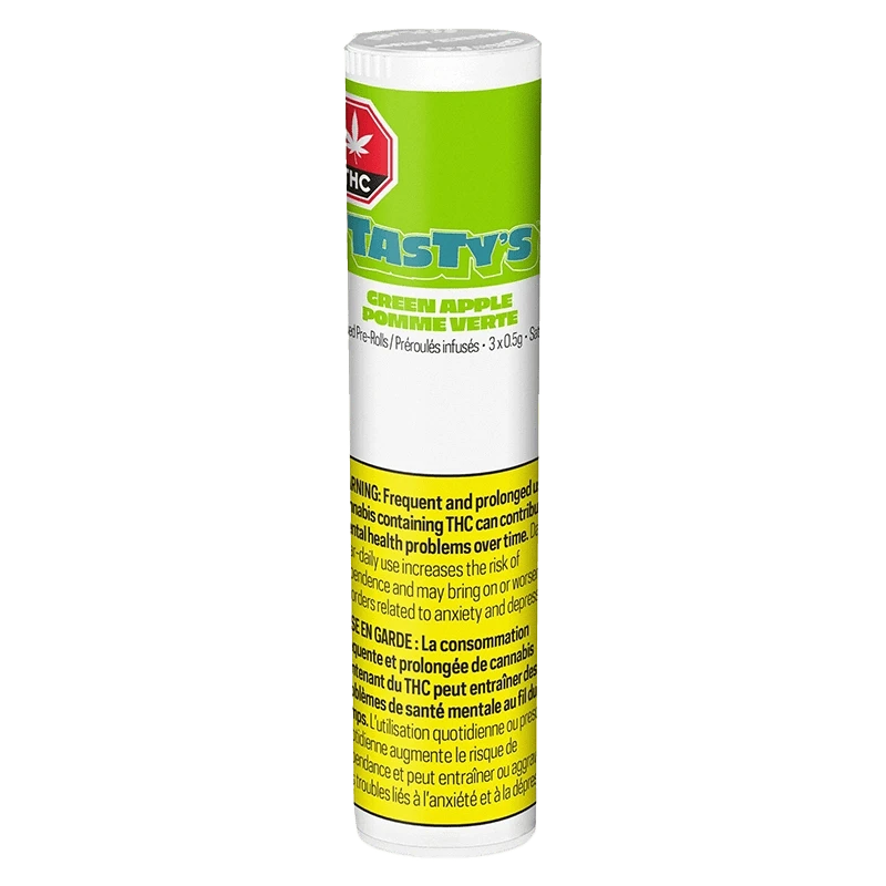 Tall cylindrical tube showing a front view of the Green Apple Infused PR 3 x 0.5 g with bright green top label, yellow warning block, and white background.
