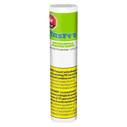 Tall cylindrical tube showing a front view of the Green Apple Infused PR 3 x 0.5 g with bright green top label, yellow warning block, and white background.