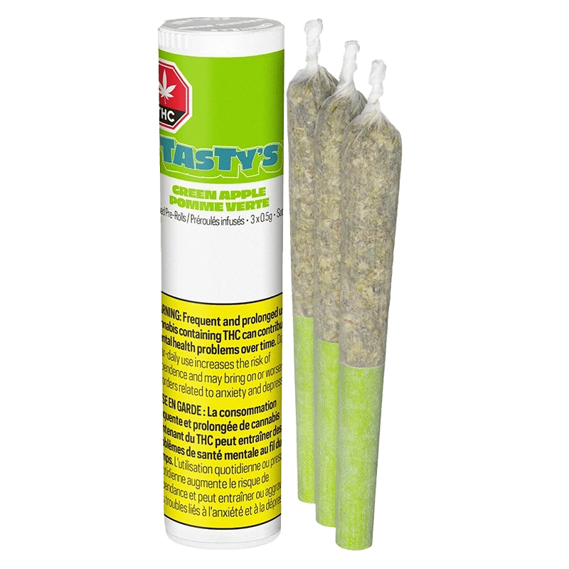 Vertical front view of a white and lime tube labeled "Green Apple Infused PR 3 x 0.5 g" standing beside three twisted-tip pre-rolls with green filters.