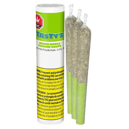 Vertical front view of a white and lime tube labeled "Green Apple Infused PR 3 x 0.5 g" standing beside three twisted-tip pre-rolls with green filters.