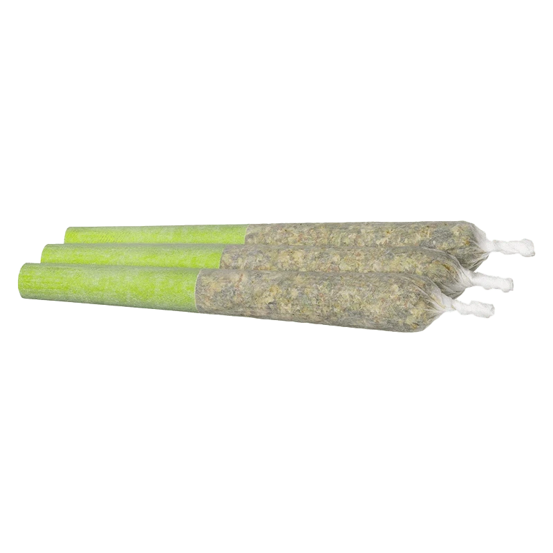 Angled close-up of three Green Apple Infused PR 3 x 0.5 g pre-rolls with bright green tips and packed paper ends.