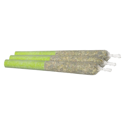 Angled close-up of three Green Apple Infused PR 3 x 0.5 g pre-rolls with bright green tips and packed paper ends.