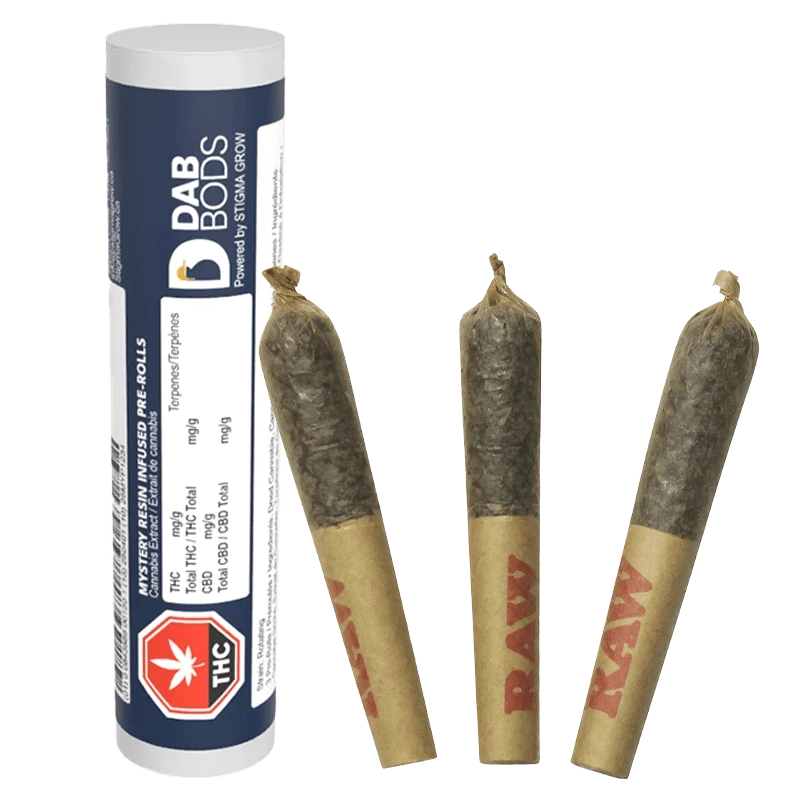 Three pre-rolled joints standing upright next to a tall blue-and-white Dab Bods Mystery Resin Infused PR 3 x 0.5 g tube on a transparent background.