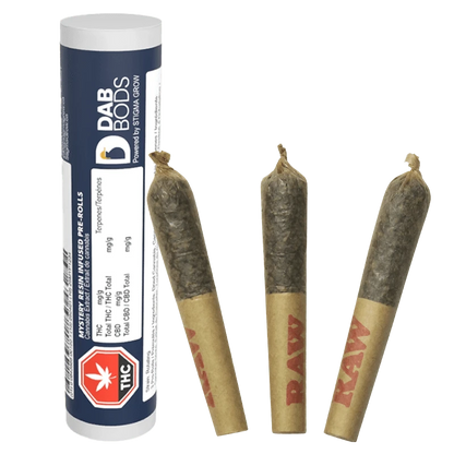 Three pre-rolled joints standing upright next to a tall blue-and-white Dab Bods Mystery Resin Infused PR 3 x 0.5 g tube on a transparent background.