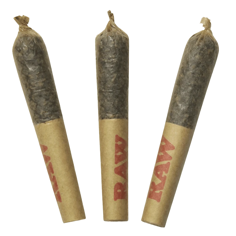 Three rolled joints photographed upright on a white background, labeled Mystery Resin Infused PR 3 x 0.5 g.