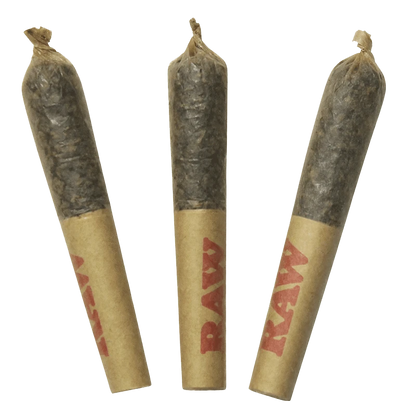 Three rolled joints photographed upright on a white background, labeled Mystery Resin Infused PR 3 x 0.5 g.