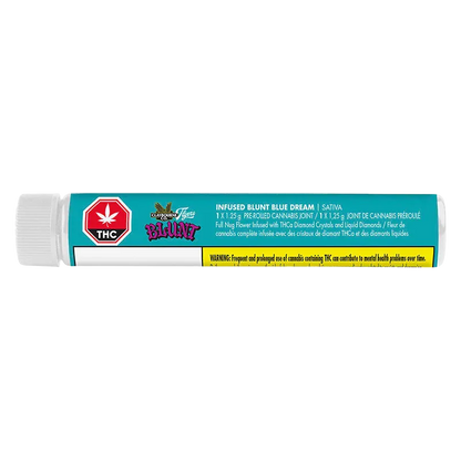 Side view of the Blue Dream Liquid Diamond Infused Blunt 1 x 1.25 g tube with teal label, warning strip and white cap.