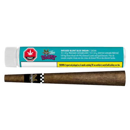 Horizontal product shot showing the Blue Dream Liquid Diamond Infused Blunt 1 x 1.25 g tube with teal label above a single brown pre-rolled blunt on a white background