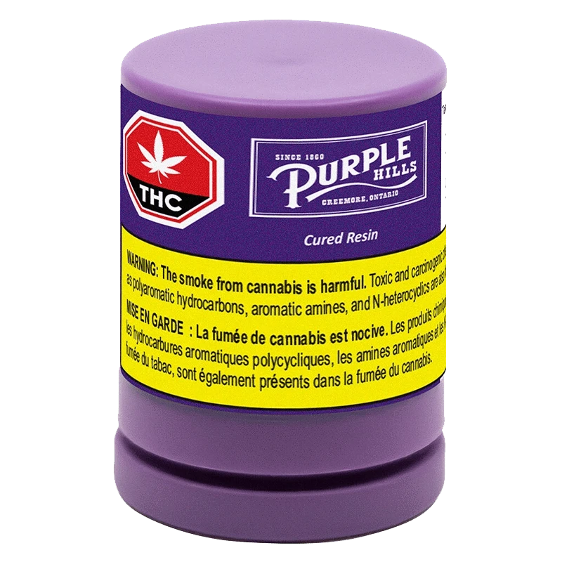 Front-facing shot of the purple container labeled "Purple Hills Cured Resin – Tangerine Punch Badder XL" with a yellow warning band and THC symbol.