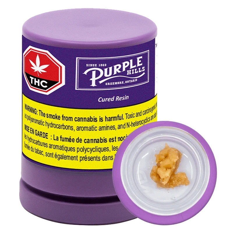 Front view of a purple jar and open lid showing amber resin, labeled "Cured Resin – Tangerine Punch Badder XL" by Purple Hills.
