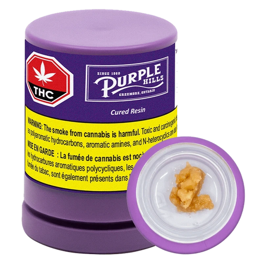 Front view of a purple jar and open lid showing amber resin, labeled "Cured Resin – Tangerine Punch Badder XL" by Purple Hills.