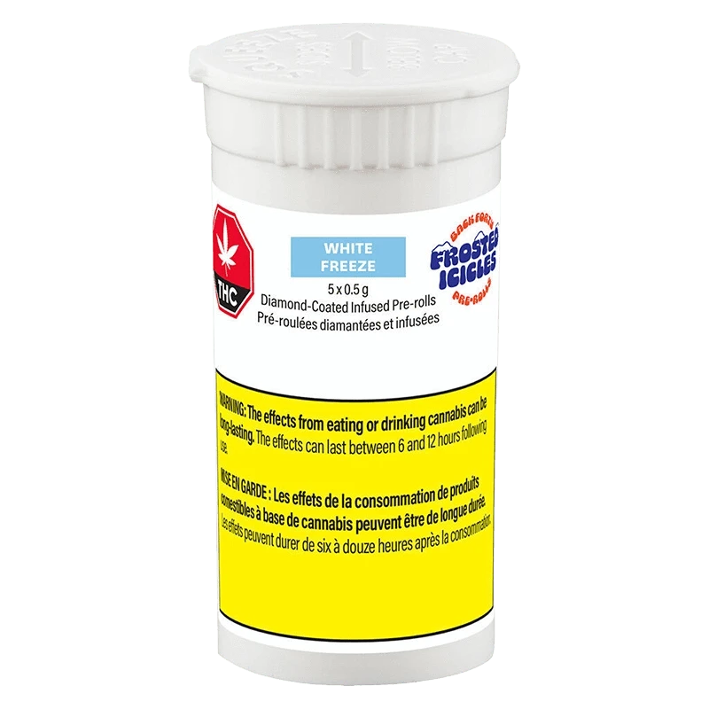 Front-facing image of a white childproof bottle labeled "Frosted Icicles - White Freeze Infused PR 5 x 0.5 g" with a blue product panel and a prominent yellow warning band.