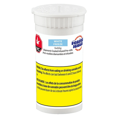 Front-facing image of a white childproof bottle labeled "Frosted Icicles - White Freeze Infused PR 5 x 0.5 g" with a blue product panel and a prominent yellow warning band.