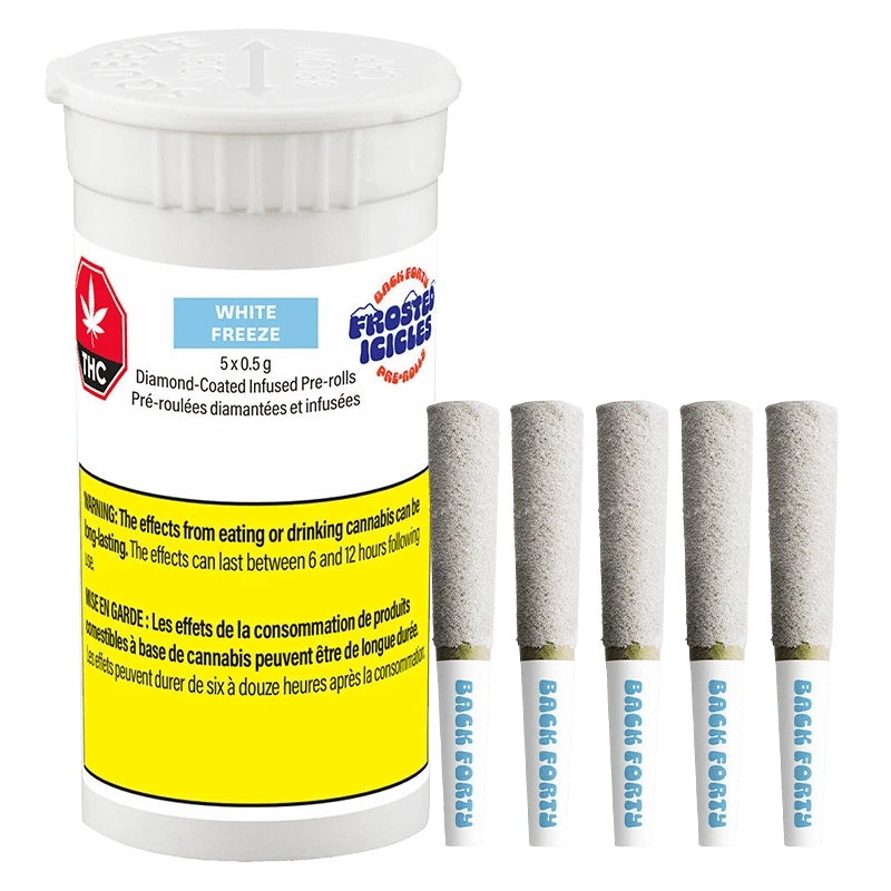 White background product shot of Frosted Icicles - White Freeze Infused PR 5 x 0.5 g showing a white childproof canister with a blue label and five diamond-coated pre-rolls standing upright beside it.