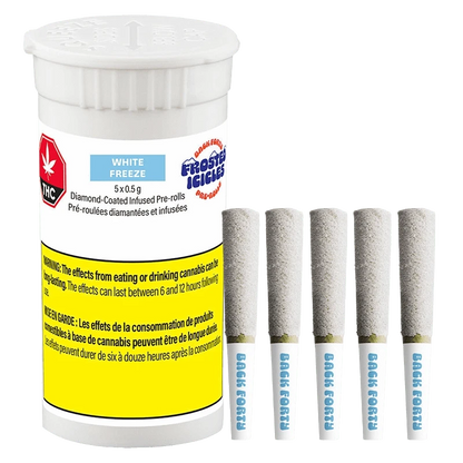 White background product shot of Frosted Icicles - White Freeze Infused PR 5 x 0.5 g showing a white childproof canister with a blue label and five diamond-coated pre-rolls standing upright beside it.