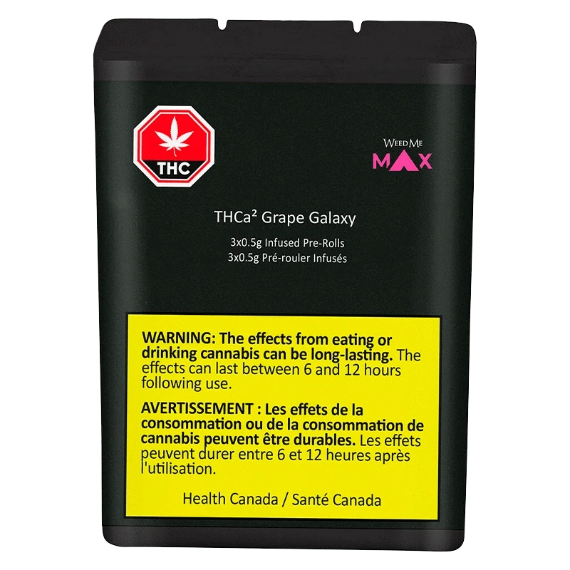 Front-facing shot of the THCa Grape Galaxy Infused PR 3 x 0.5 g black package with a red THC symbol and a prominent yellow Health Canada warning panel.