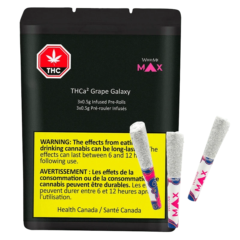 Front-facing black pouch labeled "THCa Grape Galaxy Infused PR 3 x 0.5 g" with a yellow warning panel and three sugar-coated pre-rolls displayed to the right.