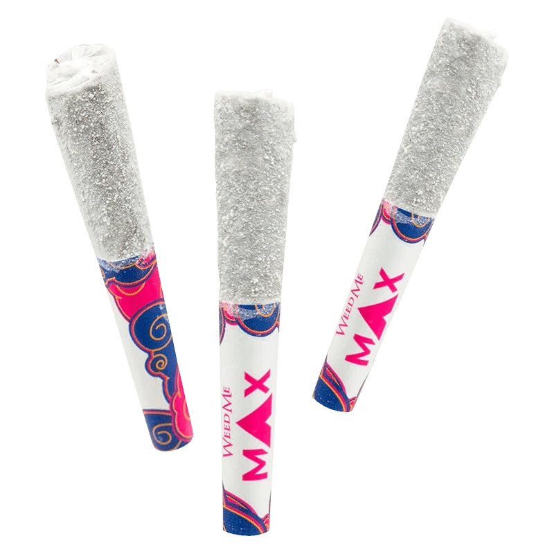 Three angled THCa Grape Galaxy Infused PR 3 x 0.5 g pre-rolls with sugar-coated tips and colorful white-and-pink patterned filters.
