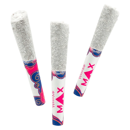 Three angled THCa Grape Galaxy Infused PR 3 x 0.5 g pre-rolls with sugar-coated tips and colorful white-and-pink patterned filters.