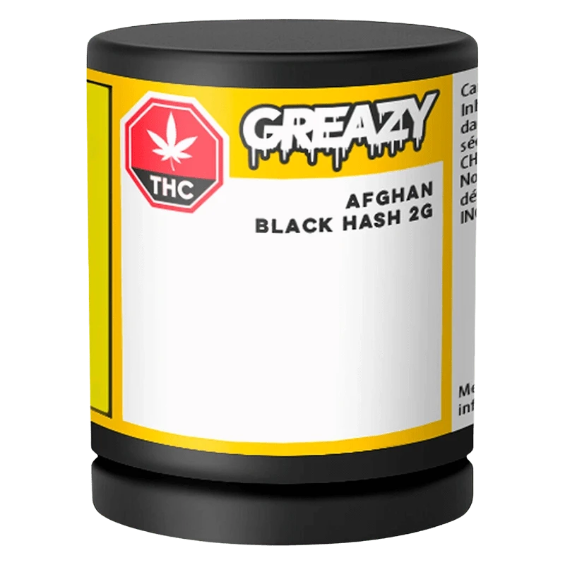 Front view of the cylindrical container labeled "GREAZY Afghan Black Hash" with a yellow-bordered white panel and black lid.