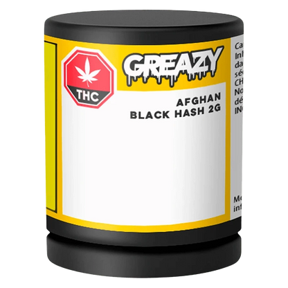 Front view of the cylindrical container labeled "GREAZY Afghan Black Hash" with a yellow-bordered white panel and black lid.