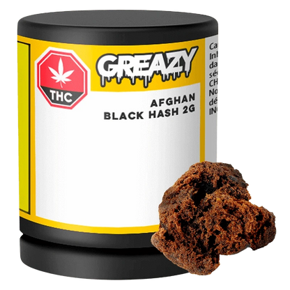 Front-facing shot of a Greazy Afghan Black Hash 2g tub with a dark lid and a brown crumbly hash piece resting at its base