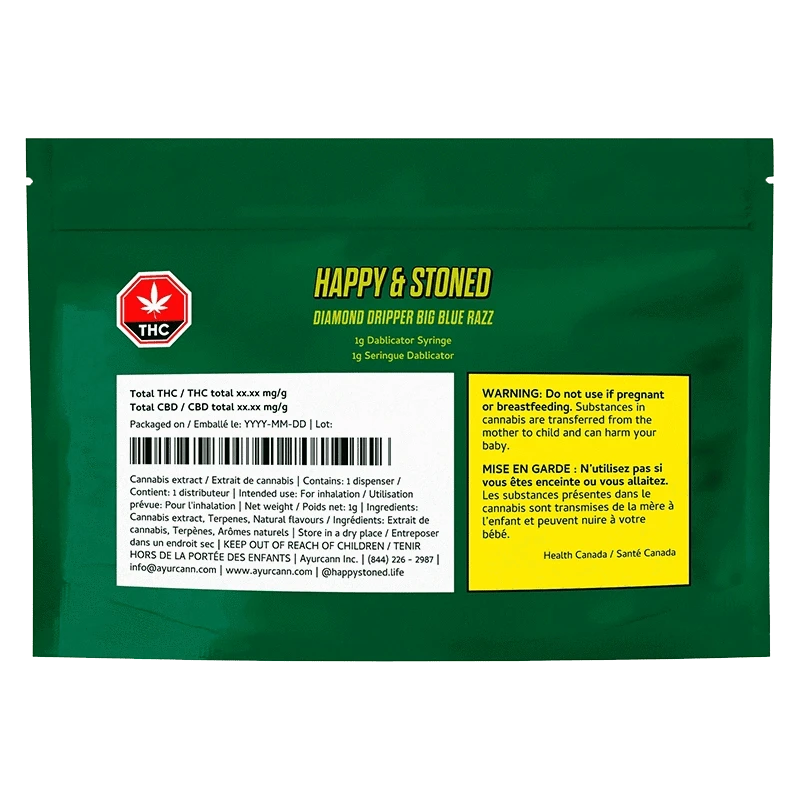 Top-down shot of the green Big Blue Razz Diamond Dripper pouch with yellow "Happy & Stoned" branding and warning labels.