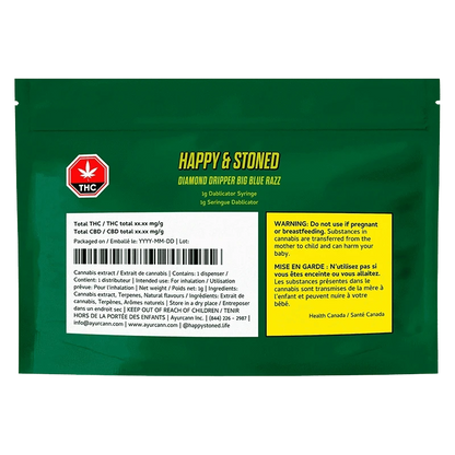 Top-down shot of the green Big Blue Razz Diamond Dripper pouch with yellow "Happy & Stoned" branding and warning labels.