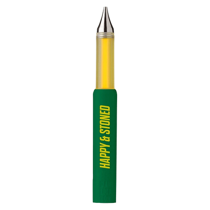 Centered vertical studio shot of the Big Blue Razz Diamond Dripper showing its metallic tip and green body labeled "HAPPY & STONED."