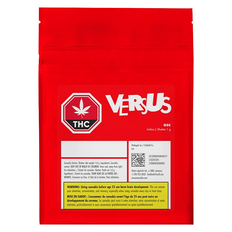 Front-facing red pouch labeled "GSC Shatter" from brand VERSUS with a white THC symbol and informational panels centered on the bag.