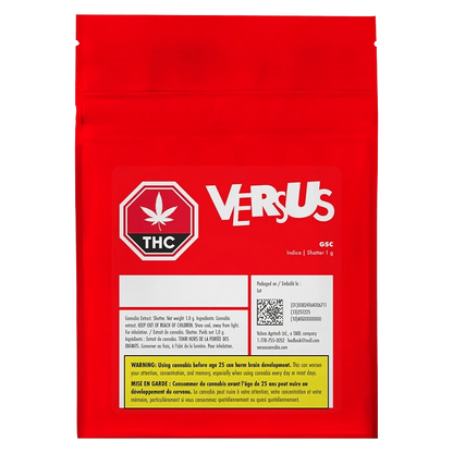 Front-facing red pouch labeled "GSC Shatter" from brand VERSUS with a white THC symbol and informational panels centered on the bag.