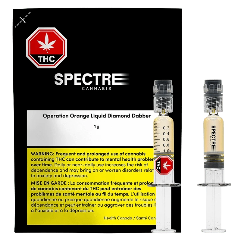Product-front shot of the Operation Orange Liquid Diamond Dabber 1 g syringe-style vial against a black warning-backed card.