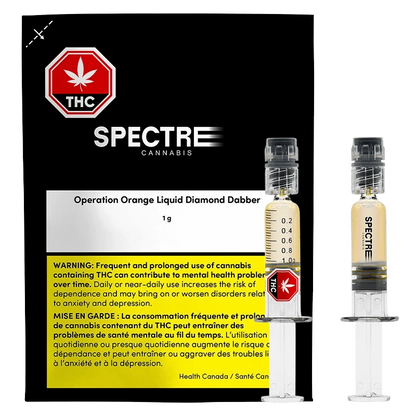Product-front shot of the Operation Orange Liquid Diamond Dabber 1 g syringe-style vial against a black warning-backed card.