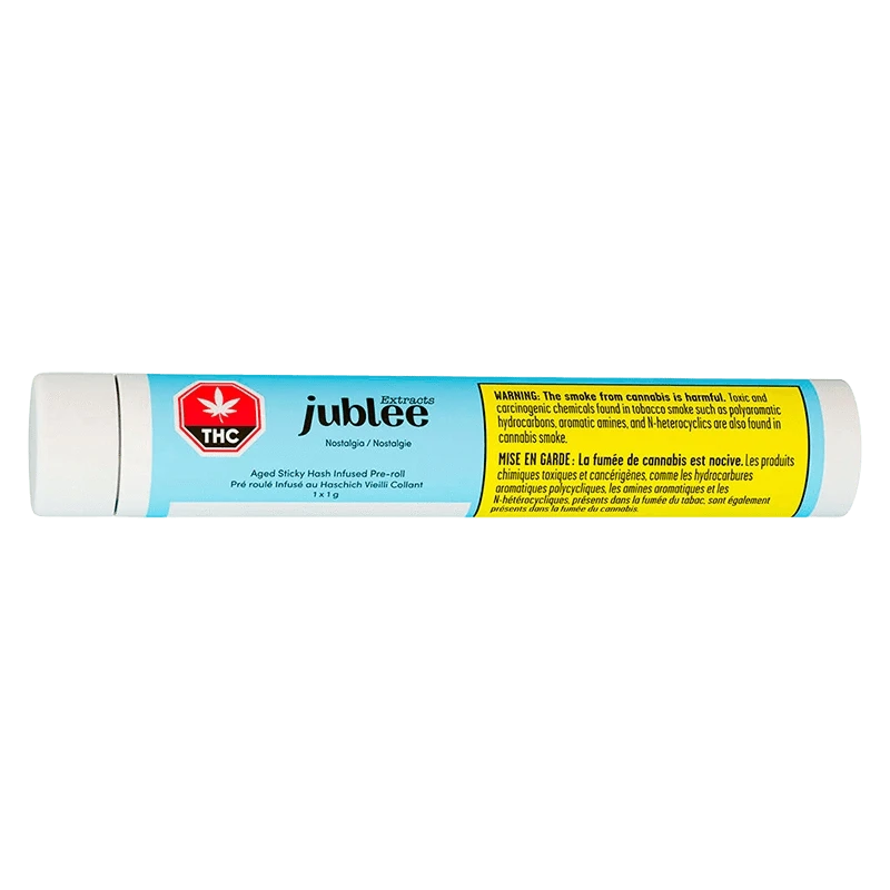 Horizontal product shot of the light-blue tube labeled Nostalgia - Aged Sticky Hash Infused PR 1 x 1 g with Jubilee branding and a yellow warning panel.