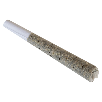 Angled close-up of a rolled joint labeled Nostalgia - Aged Sticky Hash Infused PR 1 x 1 g, showing the textured dark hash-filled paper and white filter end.