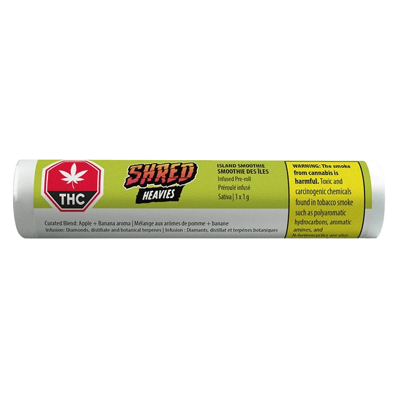 Horizontal product shot of the Island Smoothie Heavies Infused PR 1 x 1 g tube with yellow label, THC symbol, and warning text visible.