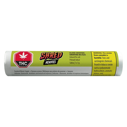 Horizontal product shot of the Island Smoothie Heavies Infused PR 1 x 1 g tube with yellow label, THC symbol, and warning text visible.