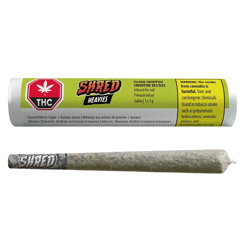 A top-down shot of the Island Smoothie Heavies Infused PR 1 x 1 g tube and matching pre-roll on a white background.