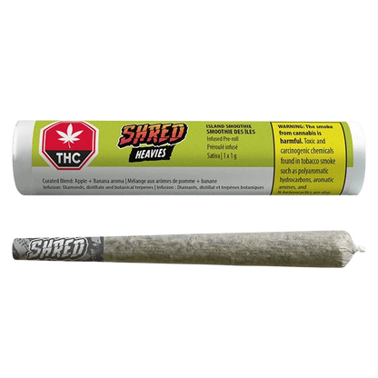 A top-down shot of the Island Smoothie Heavies Infused PR 1 x 1 g tube and matching pre-roll on a white background.