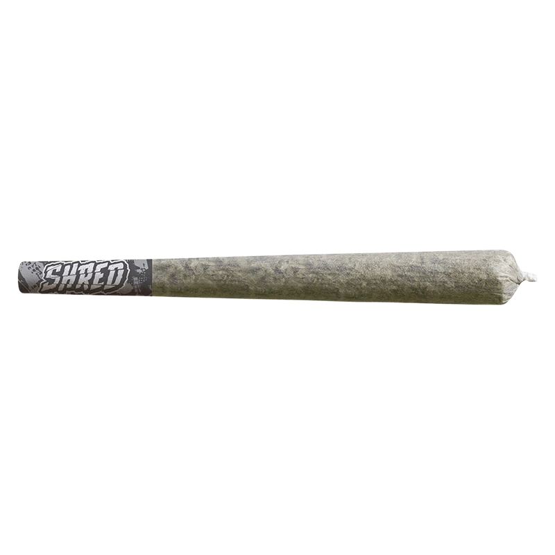 Horizontal studio shot of an Island Smoothie Heavies Infused PR 1 x 1 g pre-roll with a visible black-and-white "SHRED" filter tip on the left.