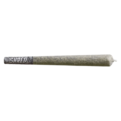 Horizontal studio shot of an Island Smoothie Heavies Infused PR 1 x 1 g pre-roll with a visible black-and-white "SHRED" filter tip on the left.