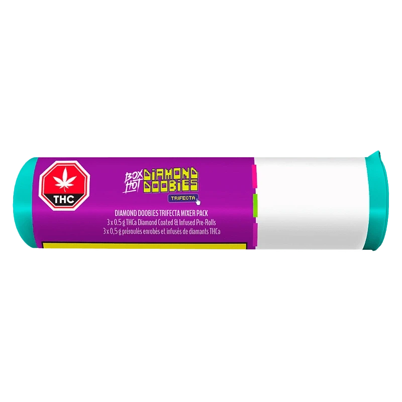 Cylindrical, side-on view of the Diamond Doobies Trifecta Mixer Pack Infused PR 3 x 0.5 g with a purple label, teal end caps, and a THC stop-sign icon.