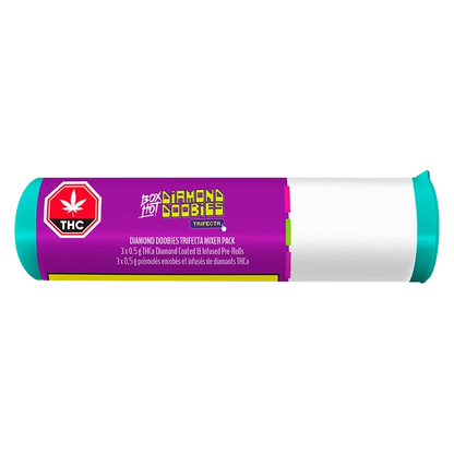 Cylindrical, side-on view of the Diamond Doobies Trifecta Mixer Pack Infused PR 3 x 0.5 g with a purple label, teal end caps, and a THC stop-sign icon.