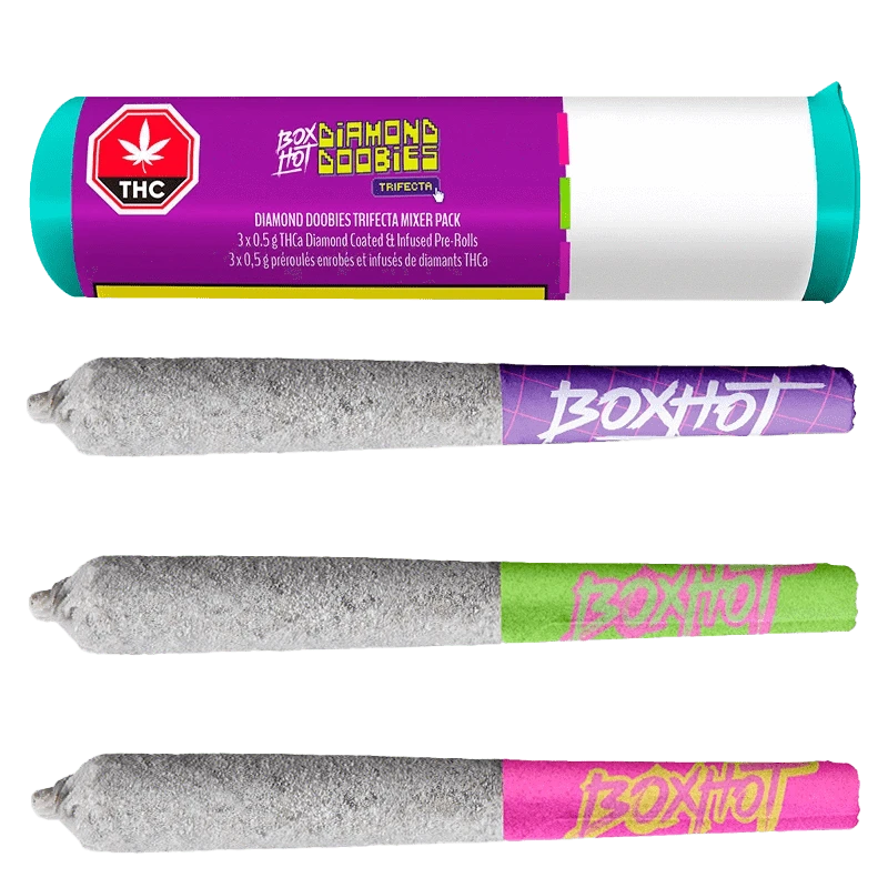 Tube and three gray, diamond-coated joints laid horizontally, shown with the Diamond Doobies Trifecta Mixer Pack Infused PR 3 x 0.5 g branding.