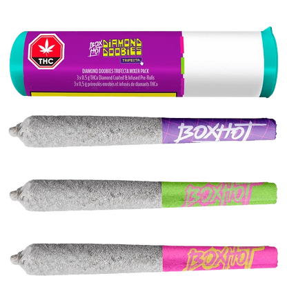 Tube and three gray, diamond-coated joints laid horizontally, shown with the Diamond Doobies Trifecta Mixer Pack Infused PR 3 x 0.5 g branding.