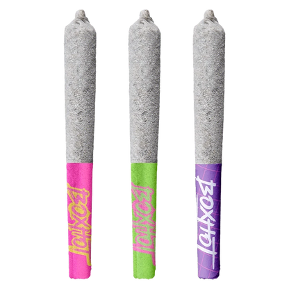 Three upright Diamond Doobies Trifecta Mixer Pack Infused PR 3 x 0.5 g pre-rolls with colorful pink, green, and purple branded tips against a white background.