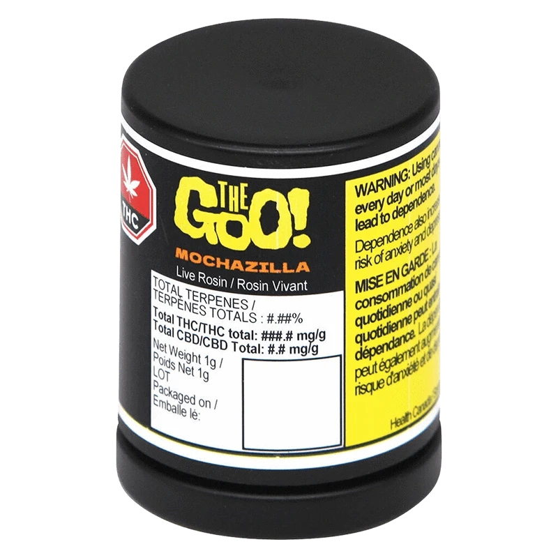 Angled front view of a black jar labeled "Mochazilla Live Rosin" with bold yellow and white product and warning panels.