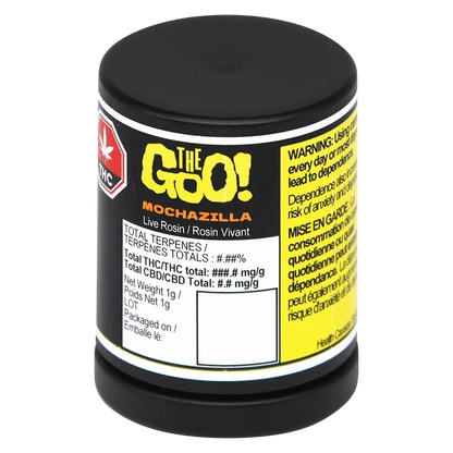 Angled front view of a black jar labeled "Mochazilla Live Rosin" with bold yellow and white product and warning panels.