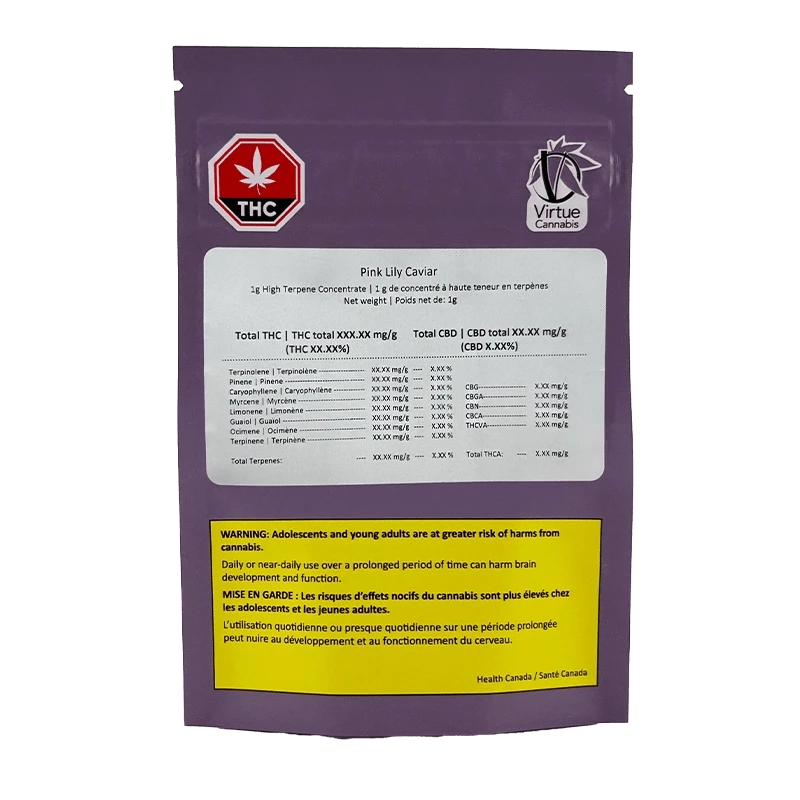 Rear view of the purple Pink Lily Caviar pouch showing a white product label, THC symbol, Virtue Cannabis logo, and a yellow health warning block.